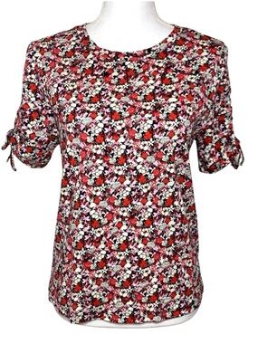 Sanctuary Red Black Floral Boho Blouse Top Cutout Detail Sleeves Women Medium